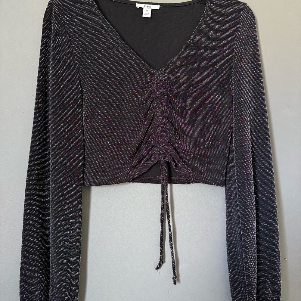 Bar III Shimmery Black Ruched V-Neck Blouse
